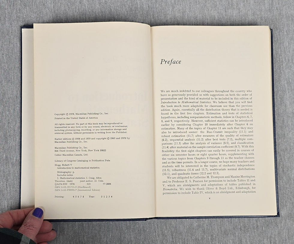 Thumbnail: Introduction to Mathematical Statistics by Robert V. Hogg & Allen T. Craig, 1978