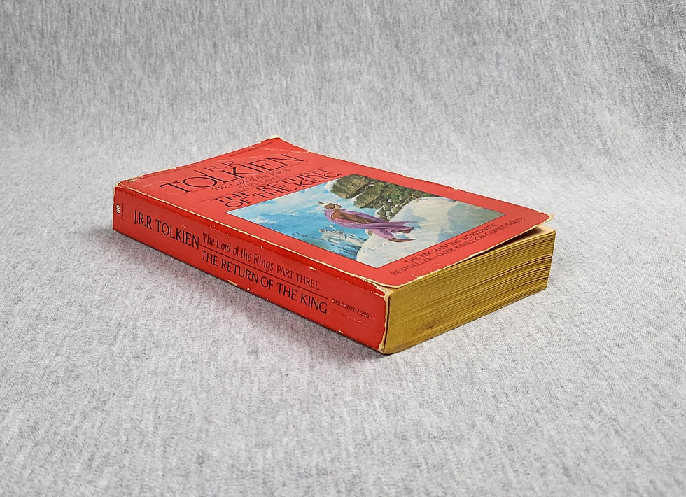 Thumbnail: Spine view of The Return of the King by Tolkien, Ballantine 1981 paperback lying flat, toned page edges visible
