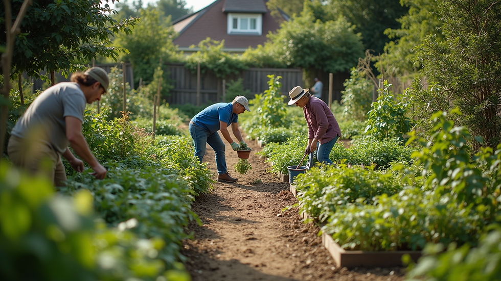 High angle view of a community garden with diverse plants and people working