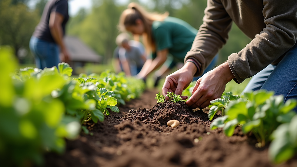 High angle view of a community garden with volunteers planting vegetables
