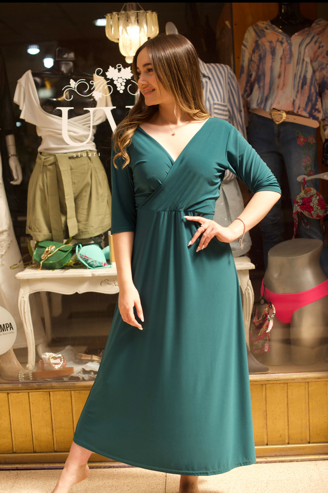 Vestido 3/4 verde mangas 