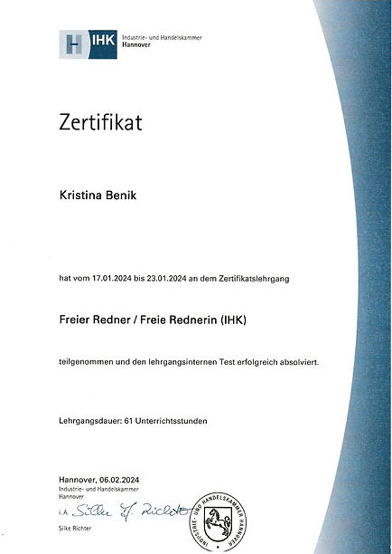 IHK-Zertifikat der IHK Hannover als Freie Rednerin