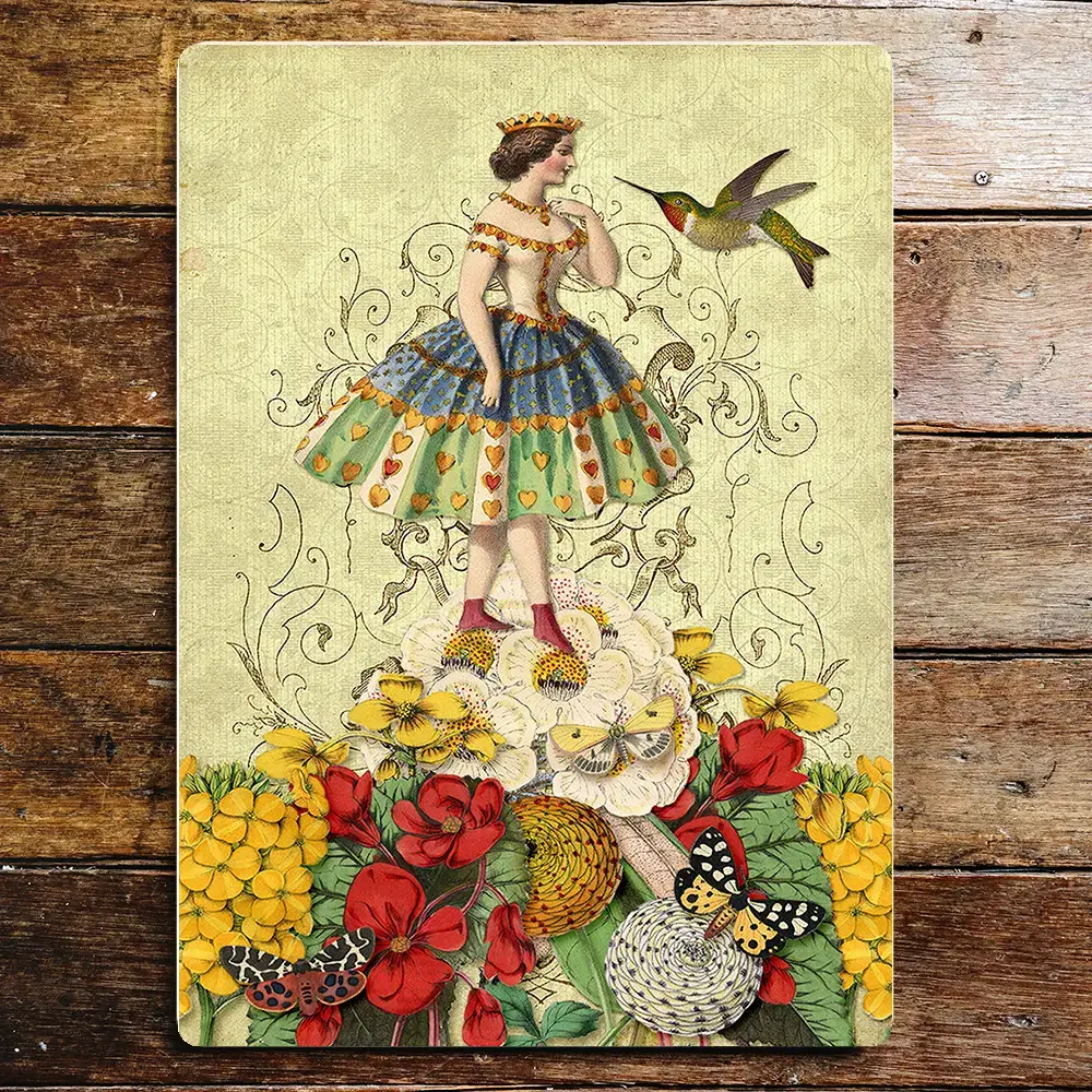 Queen of Hearts Flowers Humming Bird Metal Sign