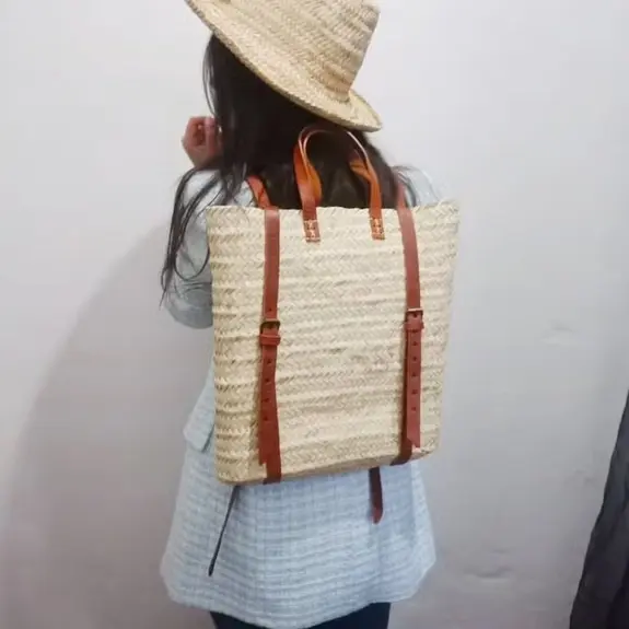 Thumbnail: Straw Beach Bag with Leather Strap - Straw Backpack