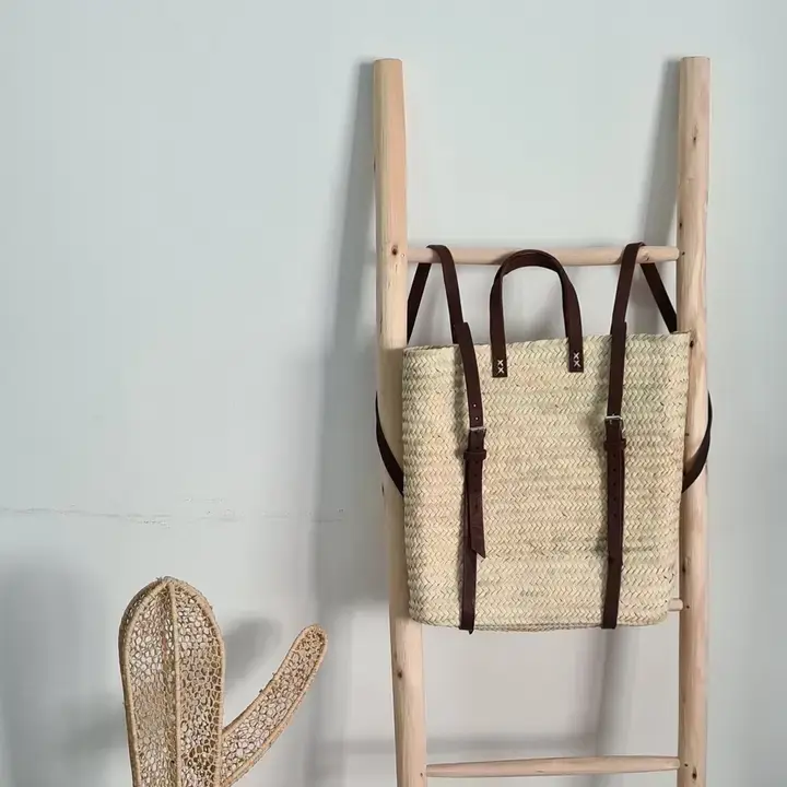 Thumbnail: Straw Beach Bag with Leather Strap - Straw Backpack