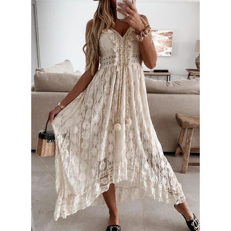 Thumbnail: 2022 Summer New European Style Lacetank Long Dressgown Solid Color Sleeveless