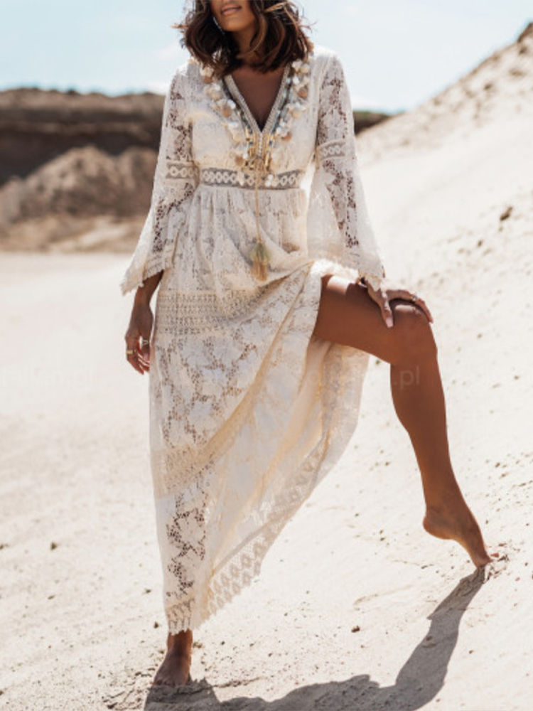 Thumbnail: Boho Dress Women Summer Sleeveless Dress Female Solid Lace V Neck Sundress 