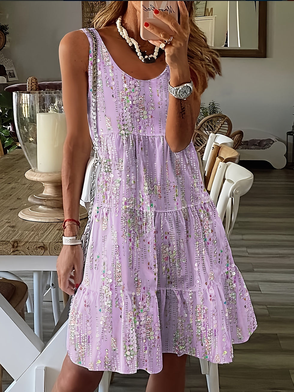 Thumbnail: Women Sleeveless Floral Print Bohemian Dress O Neck Loose Elegant A Line Mini 