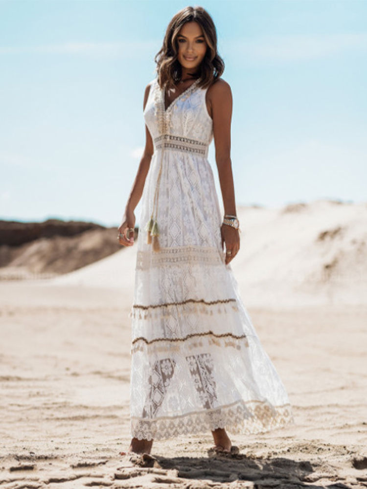 Thumbnail: Boho Dress Women Summer Sleeveless Dress Female Solid Lace V Neck Sundress 