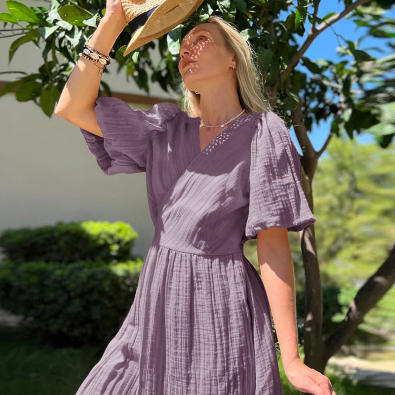 Thumbnail: Muslin 100% Cotton Gauze Long Dress For Women Sexy V-Neck 