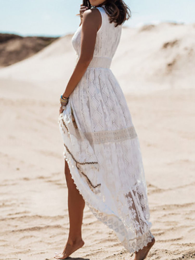 Thumbnail: Boho Dress Women Summer Sleeveless Dress Female Solid Lace V Neck Sundress 