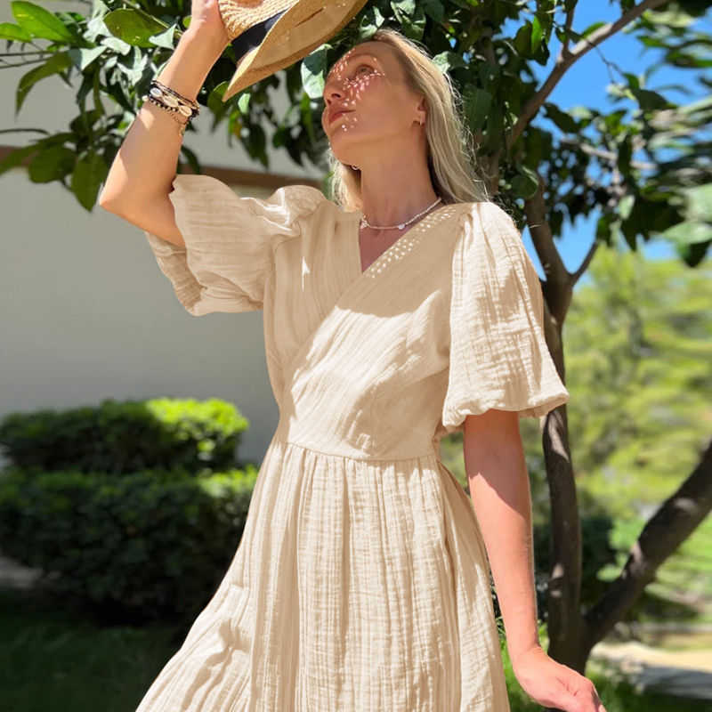 Thumbnail: Muslin 100% Cotton Gauze Long Dress For Women Sexy V-Neck 