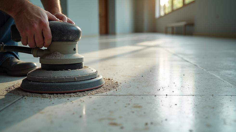 High angle view of terrazzo floor being ground with diamond pads