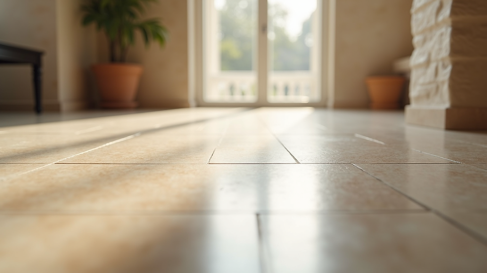Close-up view of polished travertine floor reflecting light