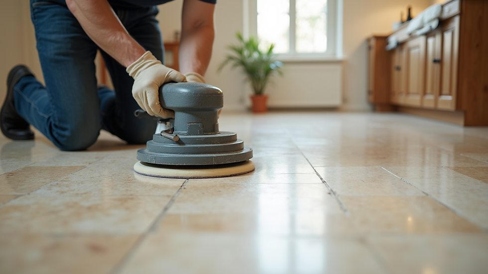 Eye-level view of a technician polishing travertine floor with specialized equipment