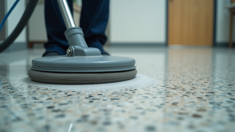 Eye-level view of terrazzo floor being polished with professional equipment