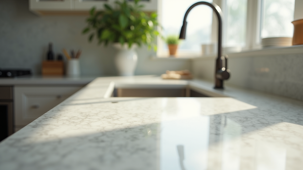 High angle view of polished marble countertop with natural light in Miami Beach kitchen