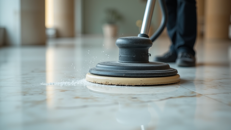 Close-up view of marble floor polishing machine in action