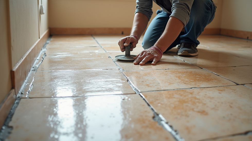 High angle view of a travertine floor restoration process