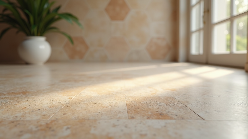 Eye-level view of travertine floor with a glossy finish after restoration