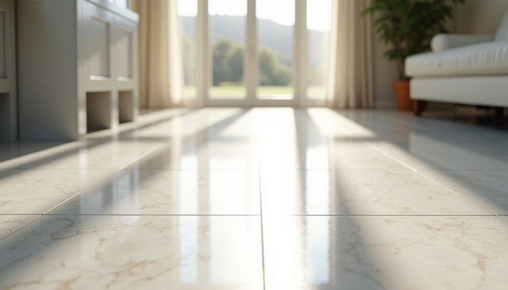 Close-up eye-level view of polished white marble floor reflecting natural light in a Wellington home