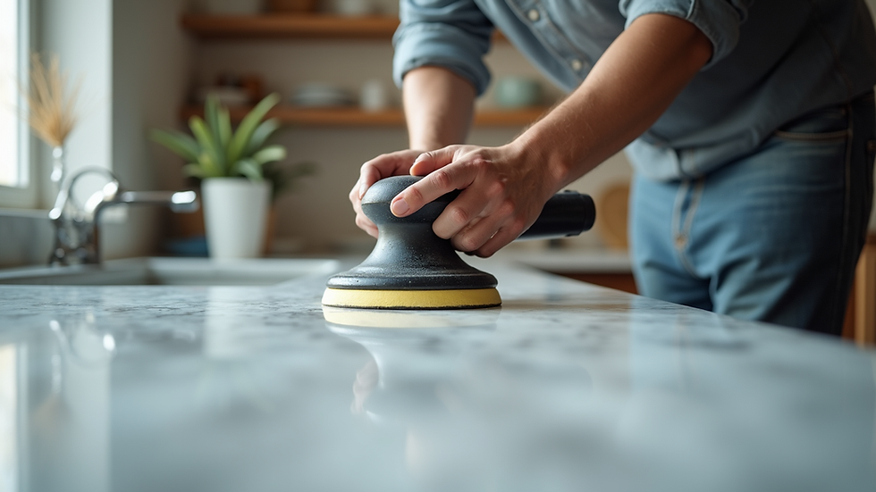 Eye-level view of a craftsman polishing a marble countertop