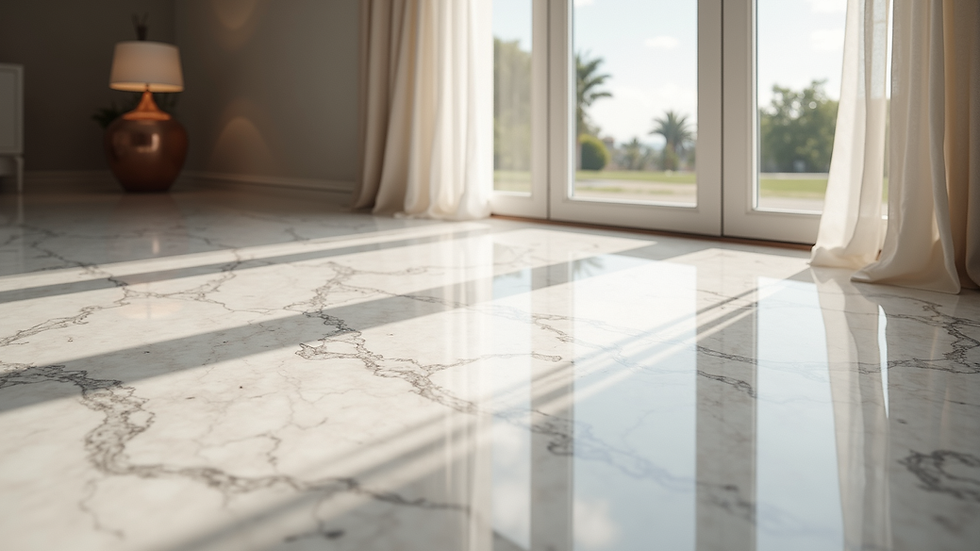 High angle view of professional polishing marble floor in luxury home