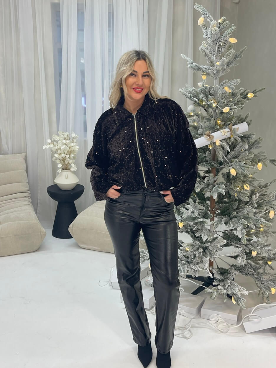 Dark Brown Sequin Bomber Jacket