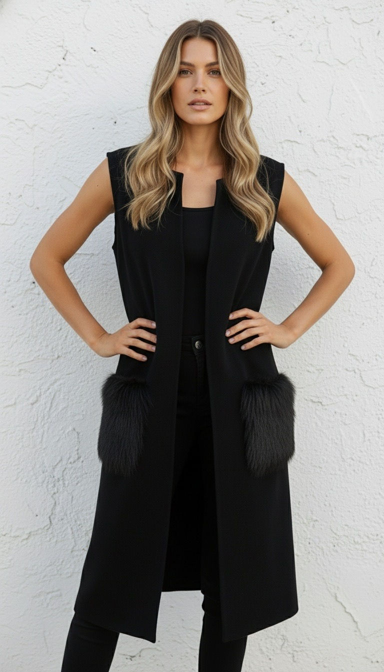 Black Sleeveless Longline Cardigan with Faux Fur Pockets