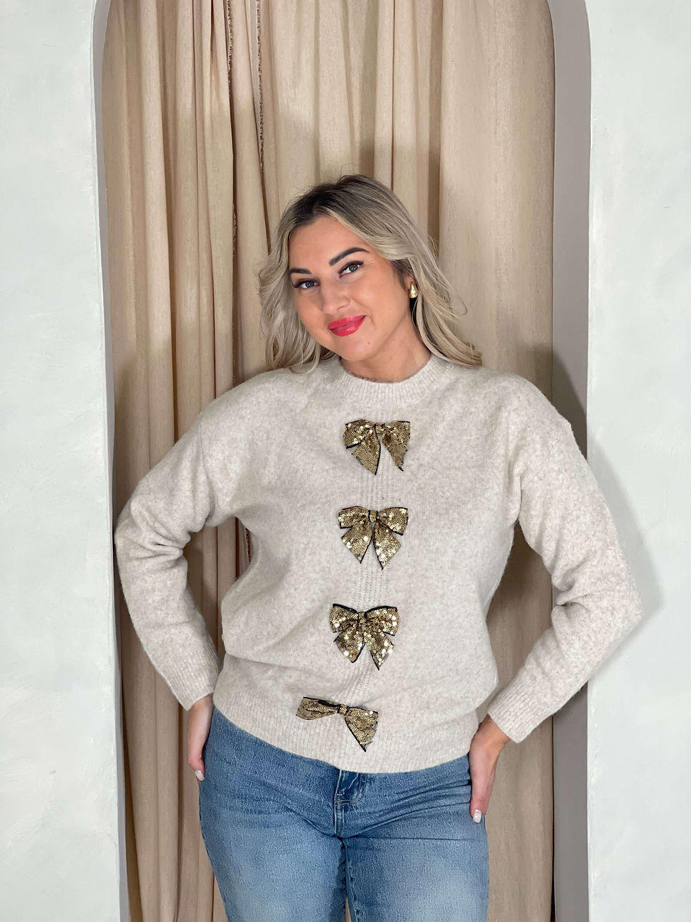 Sequin Bow Embellished Knit Jumper