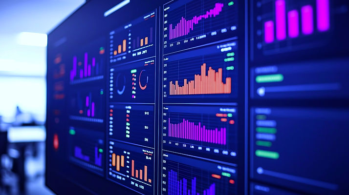A digital dashboard showcasing graphs shown on a wide computer monitor