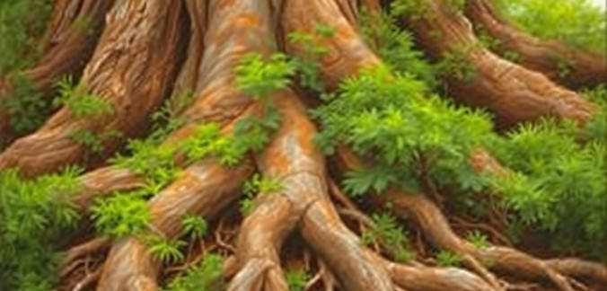 roots of a sequoia, close up. Show the trunk and a mix of green around the sprawling roots