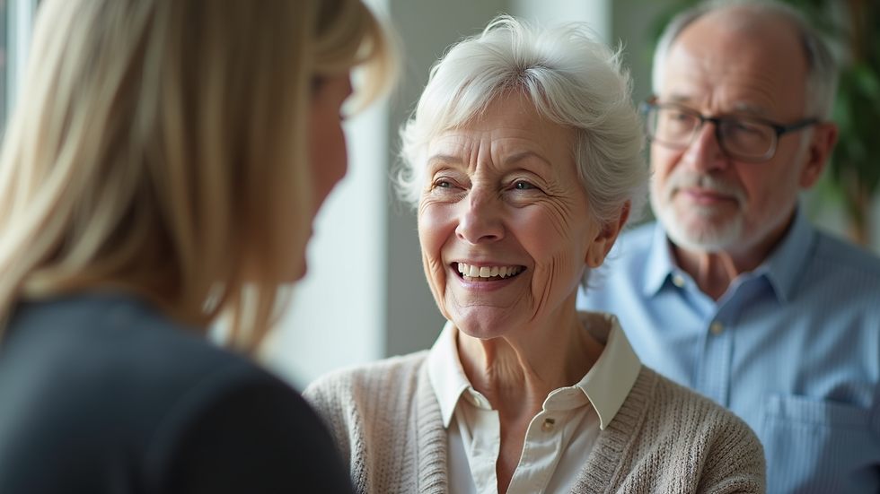 Close-up view of a senior care advisor discussing options with a family