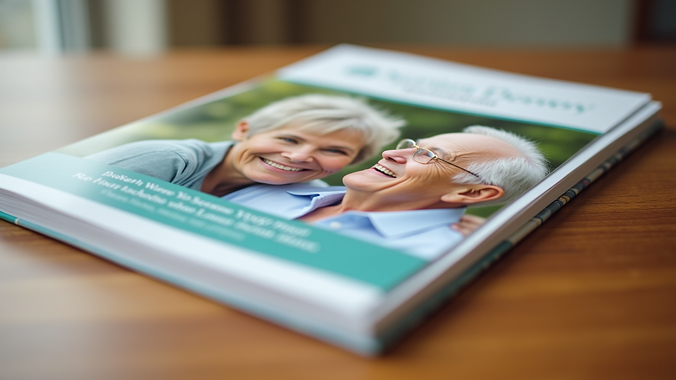 Close-up view of a senior care facility brochure on a wooden table