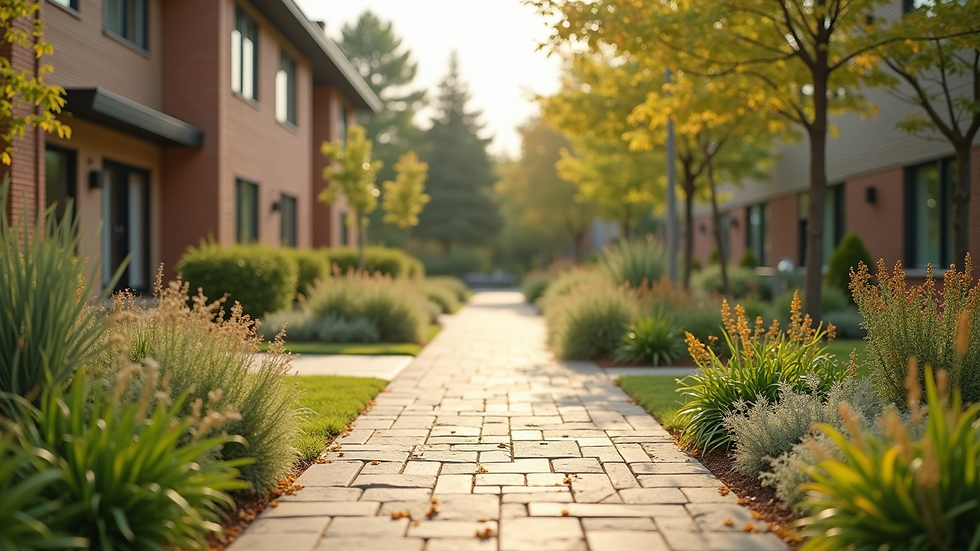 Close-up view of a memory care community’s secure garden area with walking paths
