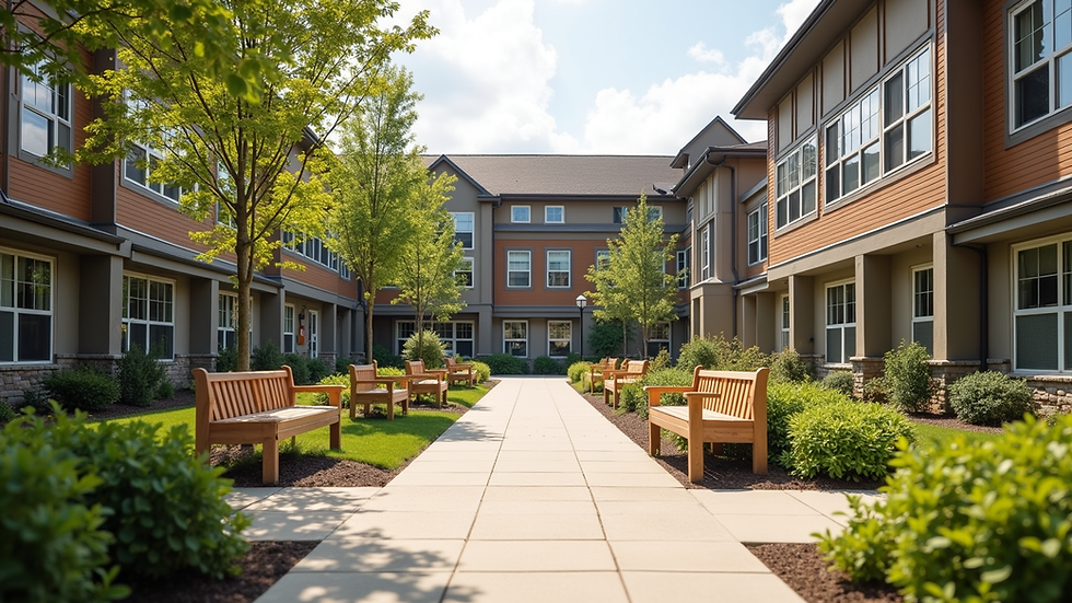 Eye-level view of a senior living community courtyard with benches and greenery