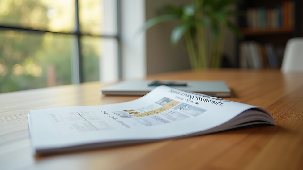 Close-up view of a senior living community brochure on a wooden table