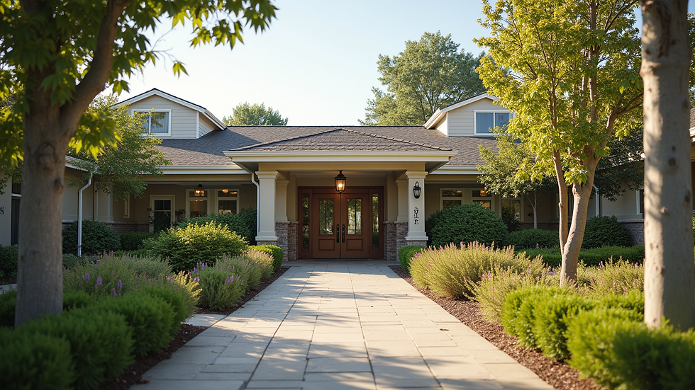 Eye-level view of a senior care facility entrance with welcoming landscaping