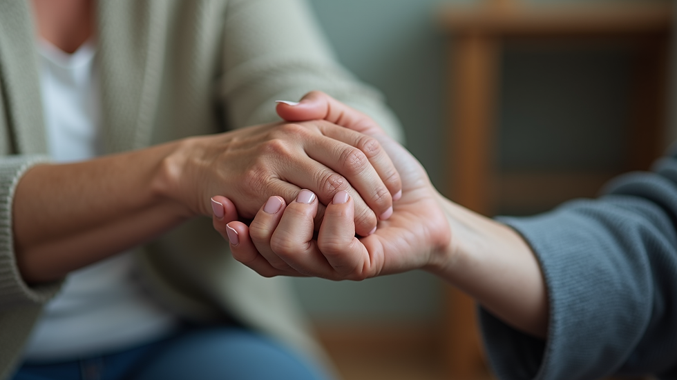 Close-up view of a senior’s hand holding a caregiver’s hand