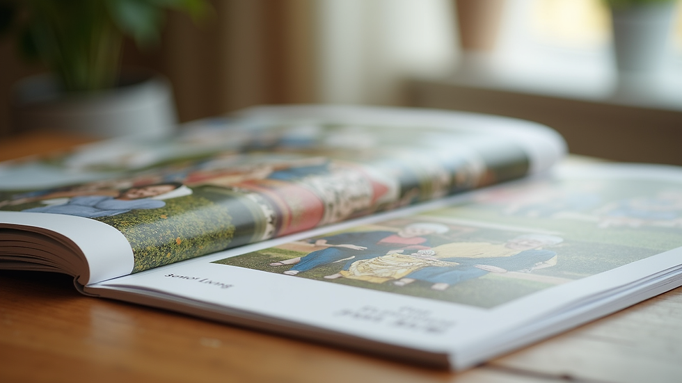 Close-up view of a senior living community brochure on a table