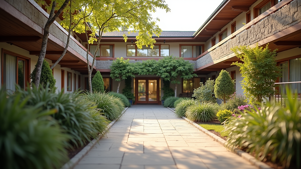 Eye-level view of a cozy senior living community courtyard