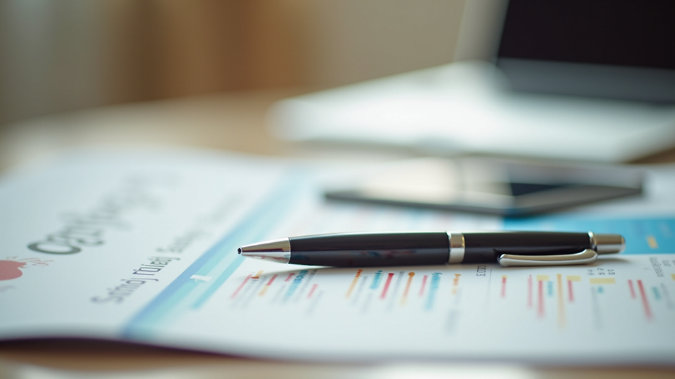 Close-up view of a senior living brochure and a pen on a table