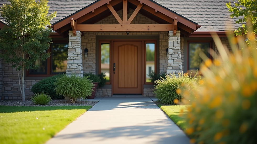 Eye-level view of a cozy assisted living community entrance