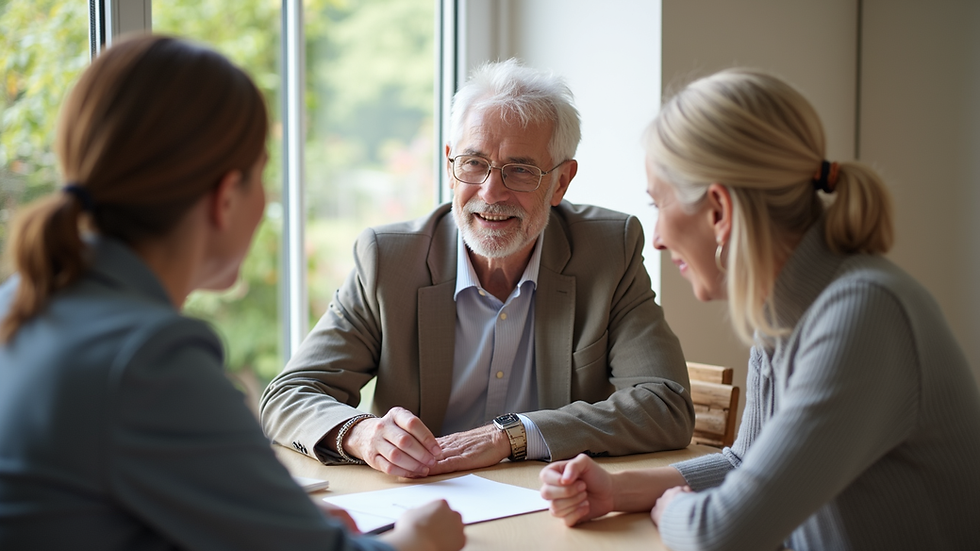 Close-up view of a senior living placement agent discussing options with a family