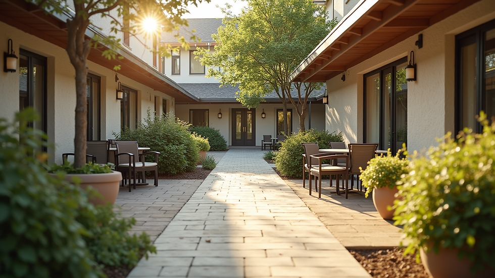 Eye-level view of a cozy senior living community courtyard