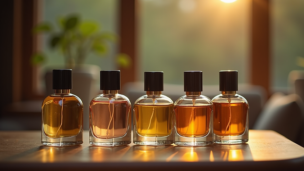 Close-up view of a variety of perfume bottles on a wooden table