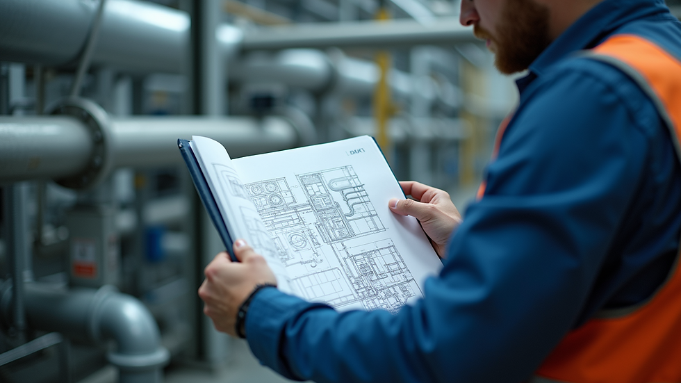 Eye-level view of engineer reviewing piping system blueprints