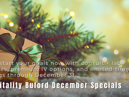NeuVitality Buford December Specials blog graphic featuring a holiday gift box with a green ribbon beside evergreen branches and warm string lights, with text promoting consult and lab bundles, premium IV options, and limited-time savings through December 31.