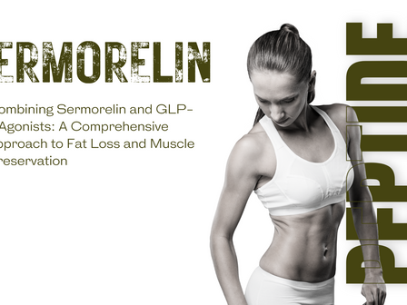 Fit woman in athletic wear looking down at her toned core, representing muscle preservation and fat loss through Sermorelin and GLP-1 therapy; text highlights a comprehensive weight loss approach offered by NeuVitality Buford.