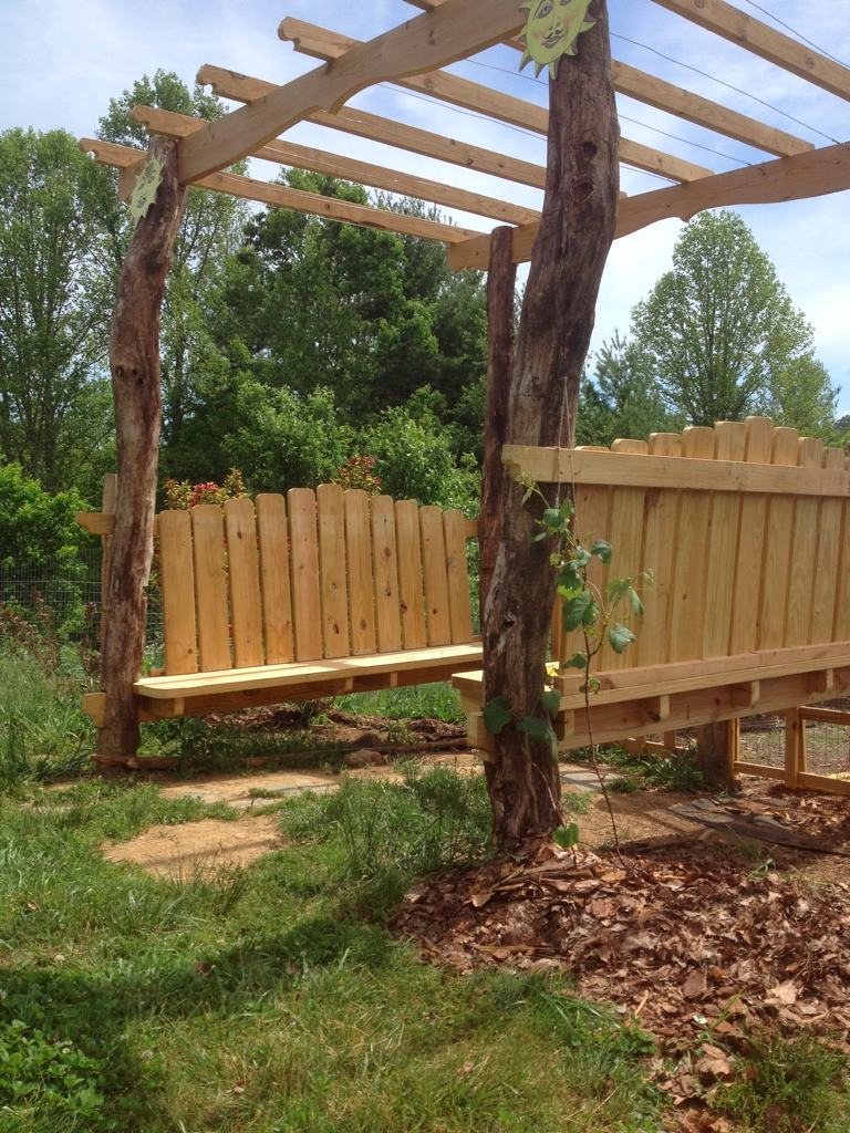 facing benches, with arbor and garden gate